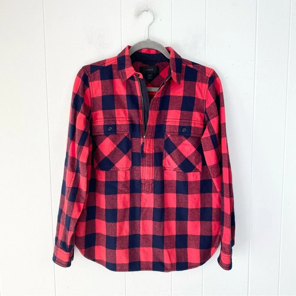 J.Crew Womens Top Sz XXS Buffalo Check Plaid Red Blue Flannel 1/2 zip B4937 * - Picture 1 of 16